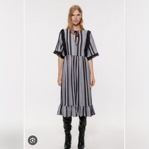 NEW Zara Striped Contrasting Ruffle Midi Dress Sz M